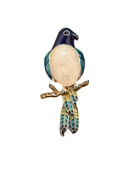 unbranded Jewelry - Enameled Parrot Brooch with Quartz Cabochon Body